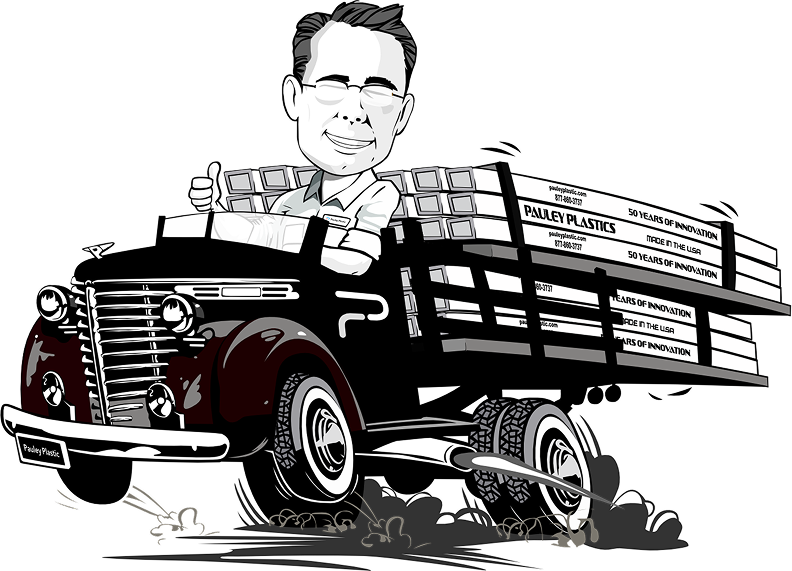 A black-and-white cartoon of a cheerful man with glasses and a plaid shirt, giving a thumbs-up while driving an old truck. The truck is loaded with stacks of boxes labeled "Pauley Plastics," depicted in motion with lines and smoke.